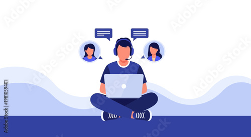 Customer service agent with laptop and headset communicating with clients online