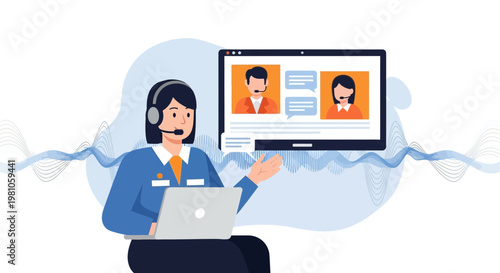 Customer Service Agent with Laptop and Video Call on Screen, Digital Communication