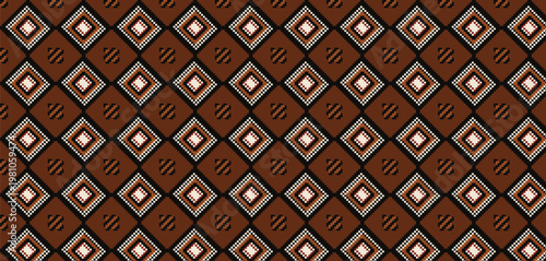 Seamless pixel art geometric pattern with brown, black, and white diamonds, traditional ethnic abstract digital background texture