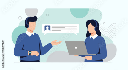 Customer Service Team: Man and Woman with Headphones and Laptop in Virtual Communication