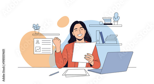Successful woman at her office desk cheers with joy while holding a document and sitting in front of a laptop computer.