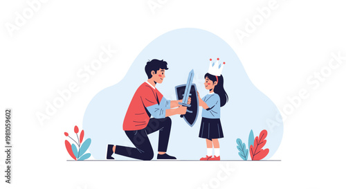 Loving father plays with his little daughter who wears a crown while he holds a toy sword and shield in a room.