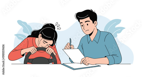 Nervous young woman grips the steering wheel while a male driving instructor takes notes on her performance during a test.
