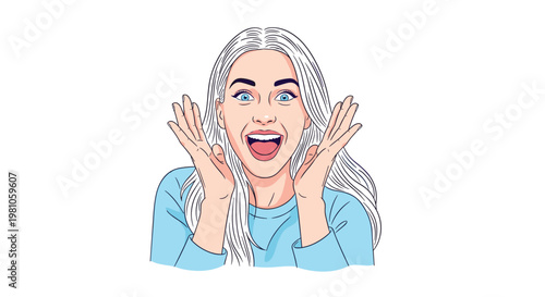 Excited woman with long blonde hair reacts with great surprise and joy while holding her hands near her open mouth.