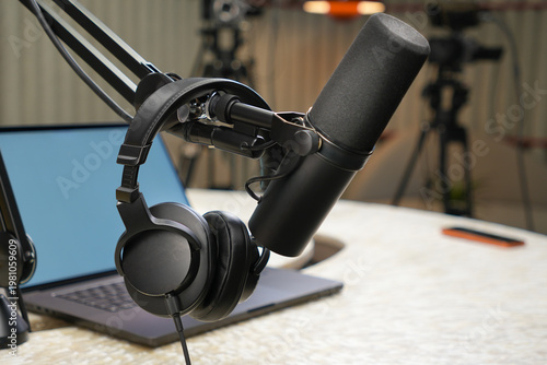 Εκτύπωση καμβά Professional podcast microphone headphones laptop radio broadcast studio equipme