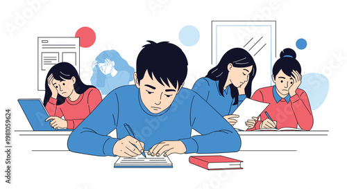 Group of tired and bored students sits at their desks in a classroom while struggling to focus on their lessons and books.