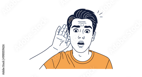 Surprised man with an open mouth cups his hand to his ear as he tries to listen to a distant or quiet sound.