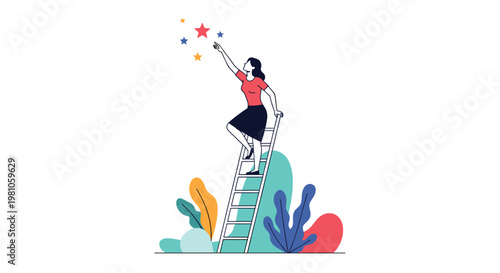 Ambitious woman climbs a tall ladder to reach for colorful shining stars above a background of stylized nature plants.