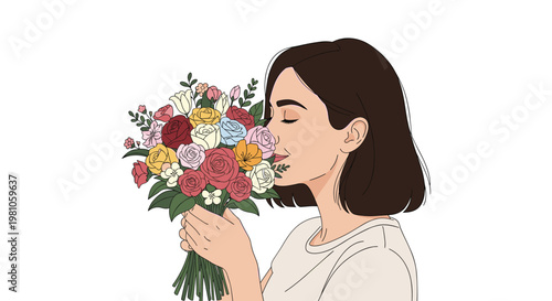 Serene woman with short dark hair closes her eyes to enjoy the fragrance of a beautiful bouquet of colorful roses.