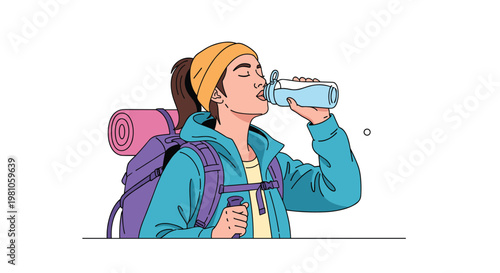 Thirsty female hiker wearing a yellow beanie and backpack takes a refreshing drink of water from a plastic bottle.