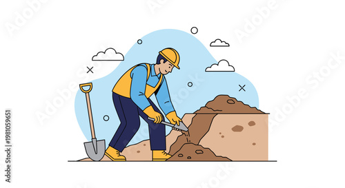 Male construction worker wearing a hard hat and yellow vest digs a trench with a shovel at a building site outdoors.
