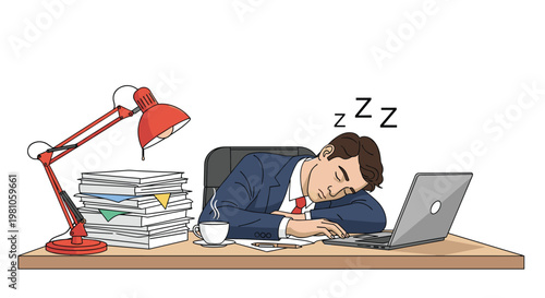 Overworked businessman falls asleep at his office desk late at night next to a laptop and a large stack of papers.