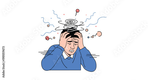 Man suffers from a painful headache or migraine while holding his head amidst chaotic symbols of stress and confusion.