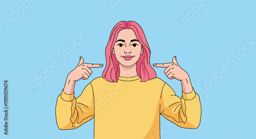 Young woman with bright pink hair points her fingers at herself with a confident and happy expression on her face.