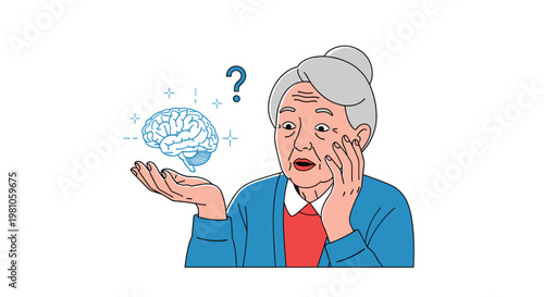 Concerned elderly woman with gray hair looks at a glowing brain symbol while wondering about her memory and mental health.