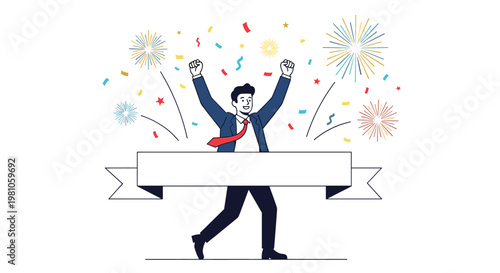 Excited businessman in a suit celebrating a successful milestone by running through a finish line with arms raised amid colorful fireworks.