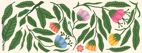 Set of hand drawn botanical elements with textured leaves and colorful flowers. Floral blossoms elements set for patterns, greeting cards, and nature themed branding