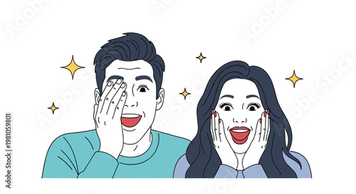 Young man and woman with mouths open in shock and hands on their faces reacting to surprising news with sparkling stars above.