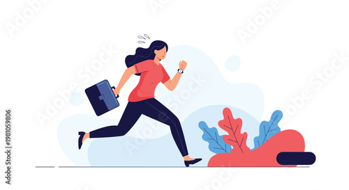 Businesswoman in a hurry running fast with her briefcase while looking at her watch to catch an important meeting or appointment.