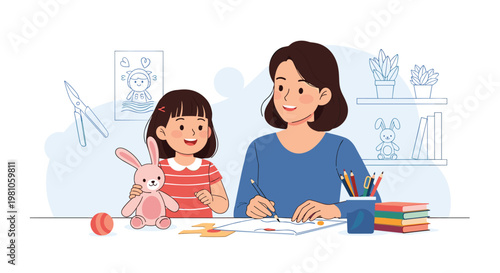 Kind teacher or mother sitting at a desk with a young girl while she draws pictures with pencils and plays with a plush bunny.