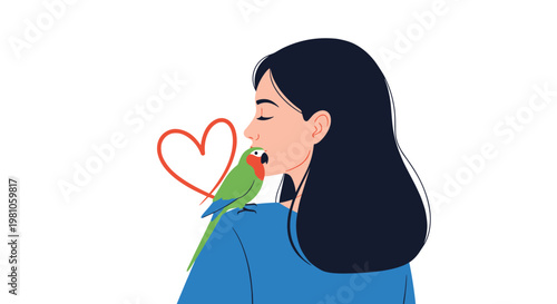 Beautiful young woman with long dark hair feeling happy as a colorful green parrot sits on her shoulder with a heart symbol nearby.