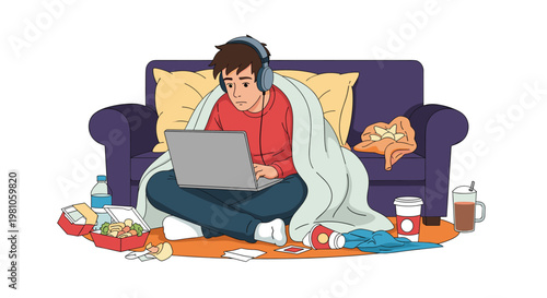 Tired man sitting on the floor wrapped in a blanket working on his laptop while surrounded by fast food boxes and trash.