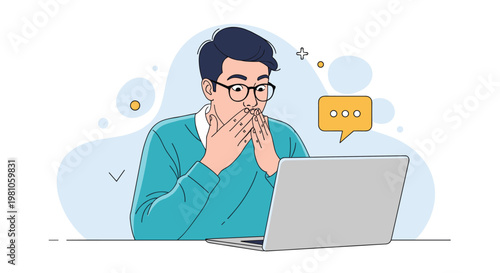 Man with glasses covering his mouth in shock while looking at surprising or disturbing content on his laptop screen with a message icon.