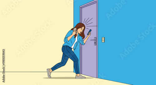 Busy woman holding two smartphones and listening through a door with a laptop in her arm as she waits for an important person.