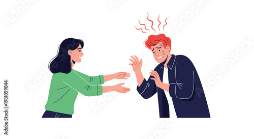 Calm young woman reaching out to comfort a man who is clearly panicked, sweating, and showing signs of extreme anxiety or fear.