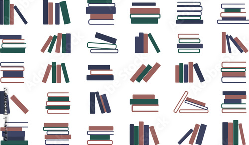 Colorful illustration of various stacks of books in different colors and positions
