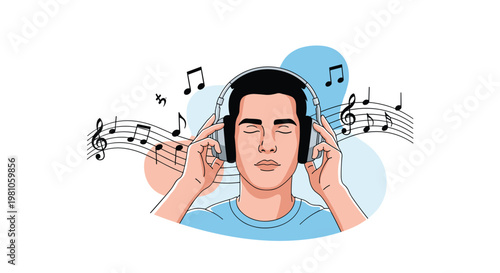 Man closing his eyes and feeling the rhythm of music through headphones with musical notes and a staff flying around him.