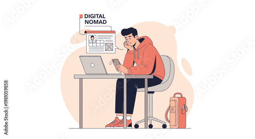 Digital Nomad Working Remotely on Laptop and Phone, Backpack Nearby