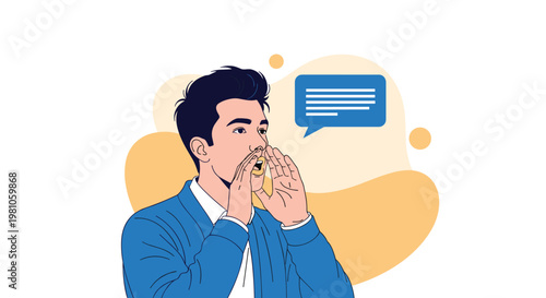Young man shouting or announcement something loudly with his hands around his mouth and a blue speech bubble above him.