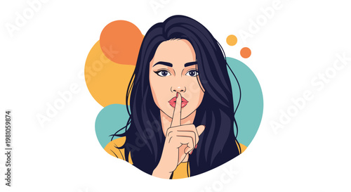 Portrait of a beautiful young woman with long dark hair making a silence gesture by placing her finger over her pink lips.