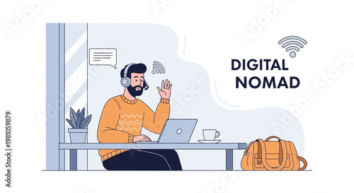 Digital Nomad Working Remotely with Laptop and Headphones, Waving Hello