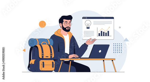 Digital Nomad Working Remotely with Laptop and Backpack, Business Growth Concept