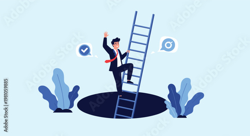 Resilient businessman successfully climbing up a long ladder to escape a dark hole and reach his new goals and targets.