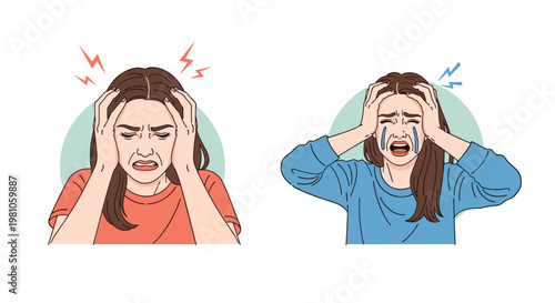 Comparison of a woman experiencing a severe headache with lightning bolts and then breaking down in tears from the intense pain.