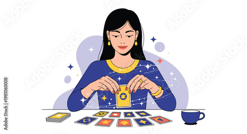 Mystical fortune teller woman reading tarot cards at a table with stars and magical glowing dust effects around her head.