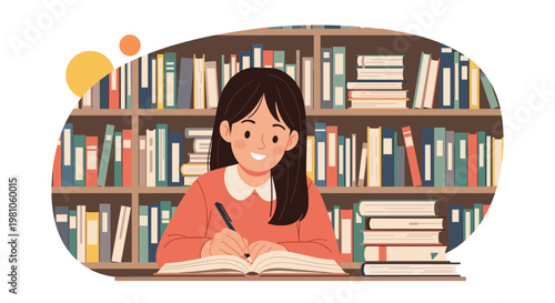 Happy young girl sitting at a desk and writing in her notebook while surrounded by many bookshelves in a library setting.