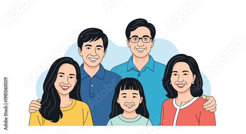 Group portrait of a multi-generational smiling family consisting of two men, two women and a young girl standing together.
