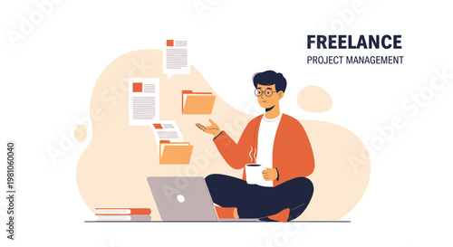 Freelance project management concept: man working remotely with laptop and documents