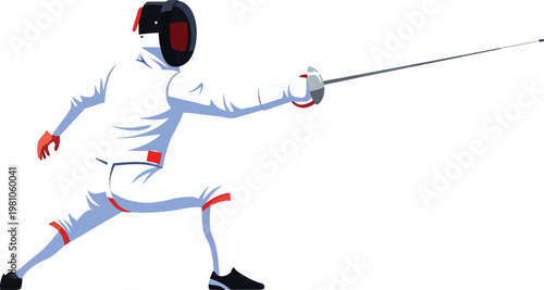 Fencer in a protective mask and white uniform lunges forward with a foil during a competitive match.
