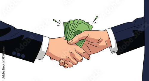 Two businessmen shaking hands while one person slides several green dollar bills into the other person's hand secretly.