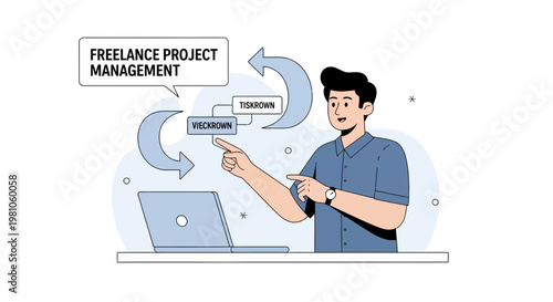 Freelance Project Management Concept: Man with Laptop and Workflow Arrows