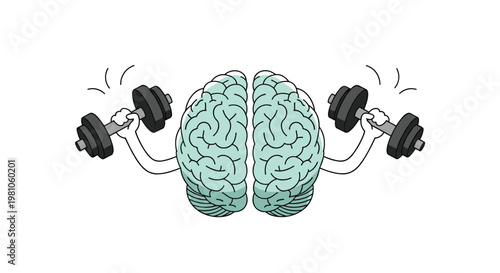 A detailed teal anatomical brain illustration features two muscular arms lifting heavy black dumbbells to demonstrate mental strength and cognitive fitness.