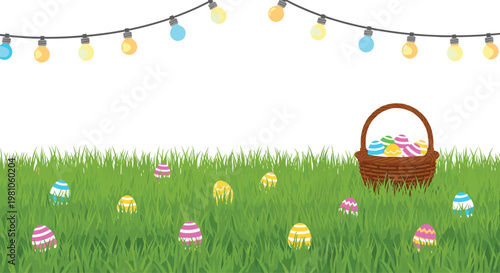 Vibrant green grass blades cradle numerous patterned Easter eggs beside a traditional brown wicker basket beneath a festive string of glowing lights.