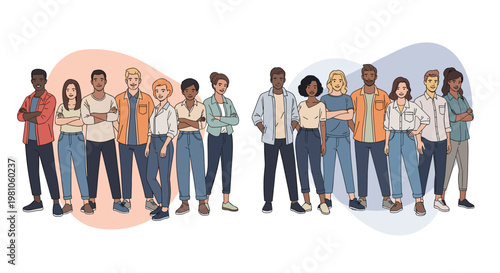 Two large groups of diverse young people standing together representing teamwork, community, and social diversity.