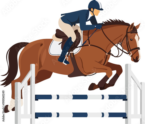 Equestrian rider skillfully guides a brown horse as it performs a high jump over a hurdle during a professional show jumping competition event.