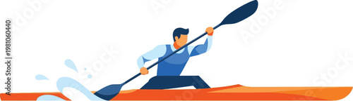 Kayaker paddles through the water with strength and determination in a dynamic flat vector illustration.